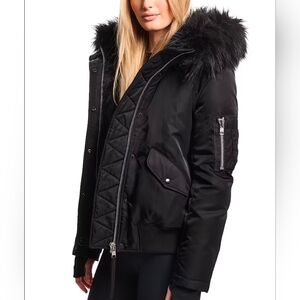 Size Medium Black Bomber Parka Jacket with Faux Fur Hood